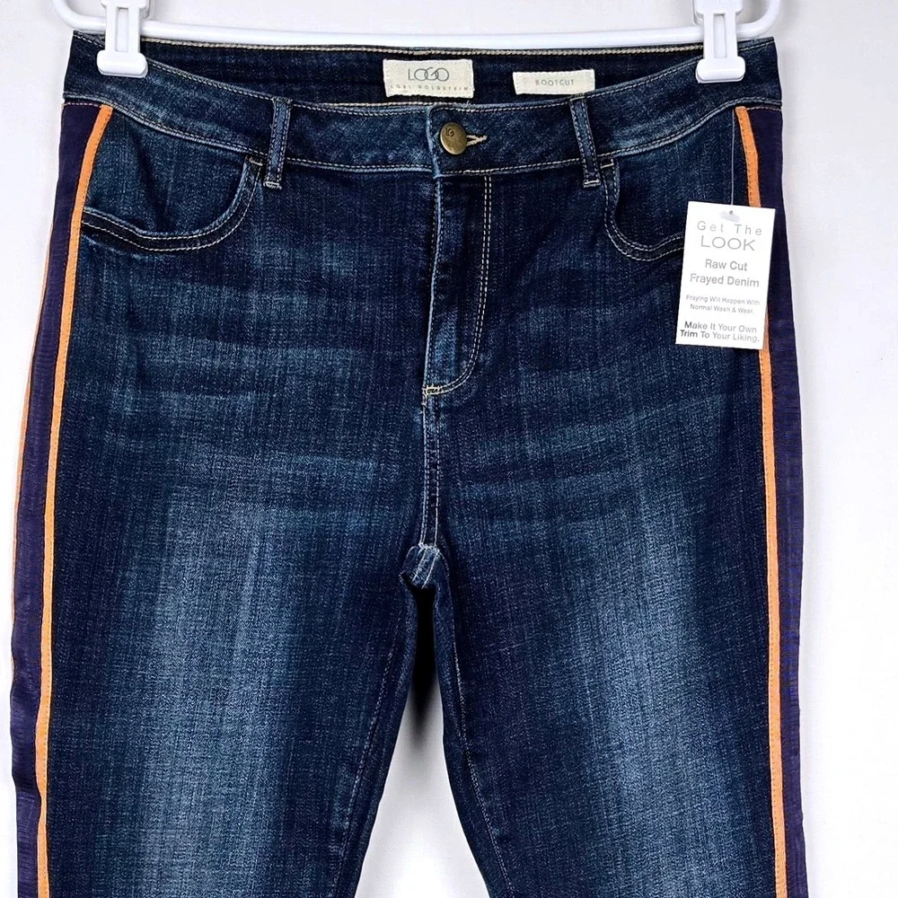 LOGO Lori Goldstein Bootcut Jeans Side Stripe Raw Hem Dark Wash Blue 12 New